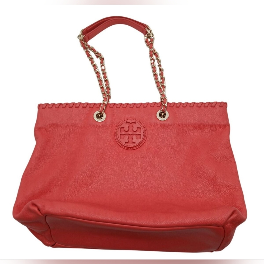 Tory Burch Designer Marion Whipstich Red Leather Chain Link Tote Bag Purse